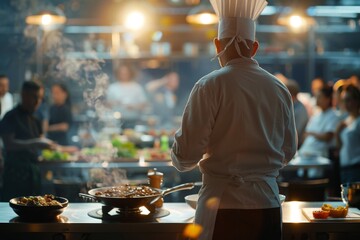 A chef in a white uniform prepares food in a busy, steamy restaurant kitchen with a vibrant, focused atmosphere.