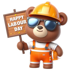 Cute bear wearing construction uniform holding a  sign Labour day 3D render 