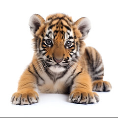 Obraz premium A cute tiger cub with striking eyes lying down and facing the camera on a white background.