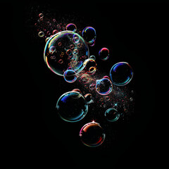 Naklejka premium Colorful soap bubbles floating against a black background with a cosmic feel.