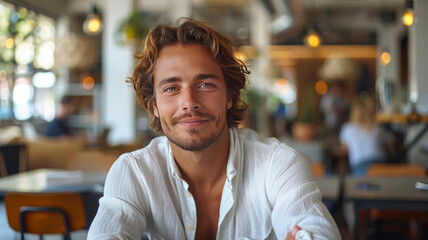 Fototapeta premium Young man entrepreneur in chic office, pleased with online purchase.