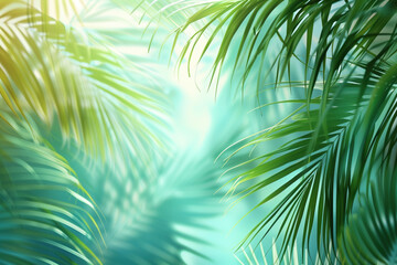 Palm tree leaves framing a tropical background. Created with Generative AI technology.