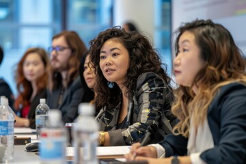 A diverse group of attentive professionals participate in a corporate boardroom meeting, discussing strategy and collaborating on projects.
