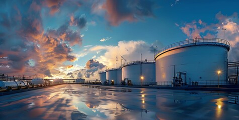  White oil storage tanks, sky blue and white clouds, sunset glow, reflection on the ground