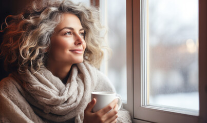 Content Middle-Aged Woman in Cozy Sweater Sips Hot Drink, Gazes through Window, and Embraces the Peaceful Serenity of a Winter Morning at Home