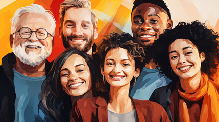 Diverse Group of Smiling People with Different Ethnicities in Casual Clothing, Illustration of Inclusivity and Community on Warm Colored Background