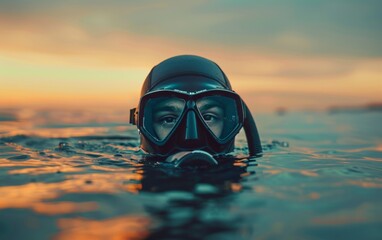A man in a black wetsuit is swimming in the ocean. The water is calm and the sky is orange