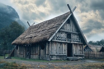 medieval viking house architecture with copy space area