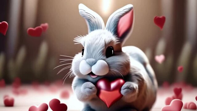 cute bunny rabbit animal with red heart in paws, st valentine's day, congratulations, Generative AI,