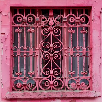 window with pink shutters