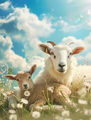 goat and sheep on islamic background with clouds and copy space - generative ai