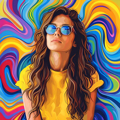 A digital illustration of a woman with sunglasses against a colorful swirl pattern backdrop.