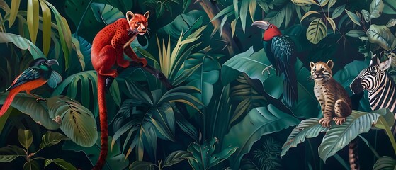  A red monkey in the jungle ,an orange parrot in front of him, green leaves and birds around them, a black panther sitting behind a zebra in the top right corner, jungle background - obrazy, fototapety, plakaty