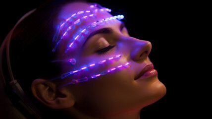 Naklejka premium Led mask light skincare therapy woman's face glows under the advanced LED light therapy mask, a cutting-edge skincare technology designed to rejuvenate and heal the skin.