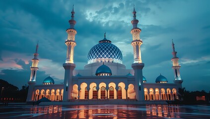 Beautiful mosque with a night sky background. White and blue dome, spires, and minarets illuminated by lights at dusk