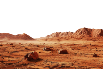 Martian landscape isolated on transparent background. Barren desert surface of red planet