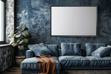 Modern apartment living room with blank mock-up frame above sofa. Contemporary styled interior featuring gray sofa, an empty frame on the wall and house plants