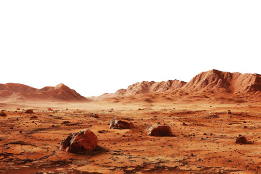 Martian landscape isolated on transparent background. Barren desert surface of red planet