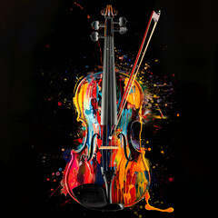 A vibrant, colorful abstract painting of a violin against a black background.