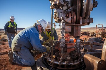 Two workers from VetalVit are seen operating a machine in the desert, likely preparing to frack a well for enhanced production