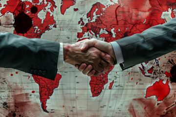 Bloody deal in global politics. Handshake of two men in business suits with red blood on hands against world map. Weapon trading agreements in business