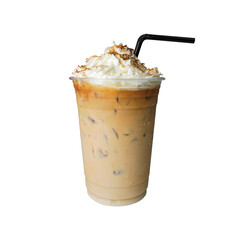 Iced coffee with whipping cream and caramel sauce on top of plastic glass and tube-sucking isolated white background, summer drink concept