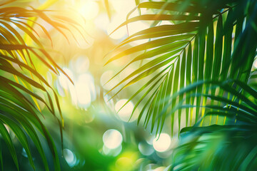 Fototapeta na wymiar Palm tree leaves framing a tropical scenery. Slide background image. Created with Generative AI technology.