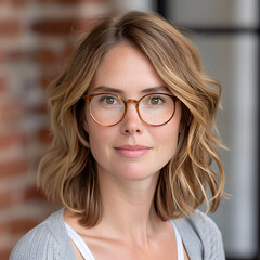Close-up portrait of a woman with blonde hair, glasses, and neutral expression against brick wall.