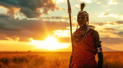 an African warrior with his spear against the backdrop of savanna at sunset. He has a red and white...