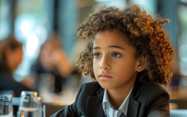 A young boy with curly hair is sitting at a table with a glass of water in front of him. He looks sad and is staring at the camera - Powered by Adobe