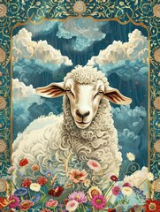 Obraz premium goat and sheep on islamic background with clouds and copy space - generative ai