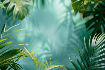 Palm tree leaves framing a tropical background. Created with Generative AI technology.