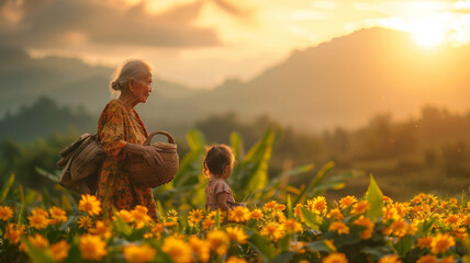 an old Asian woman carrying a basket is walking in the middle of the paddy field with a toddler...