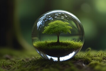 A green tree seen through the lens ball. A lens ball on green moss., Green nature in the water ball Generative AI - obrazy, fototapety, plakaty