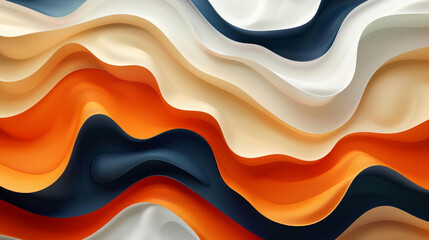 An abstract wallpaper with 3D wavy shapes in orange, navy blue and beige colors in the style of various artists, - obrazy, fototapety, plakaty