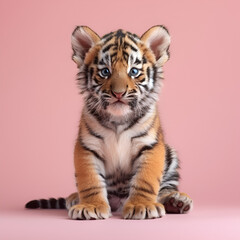 A baby tiger sitting on a pink background looking directly at the camera.