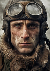 Fighter Pilot in world war 2 uniform. Portrait poster in style of vintage photography. Ai Generative