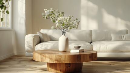 Modern interior design, white sofa with round wooden coffee table in living room, closeup of the side view. Scandinavian style home decor.