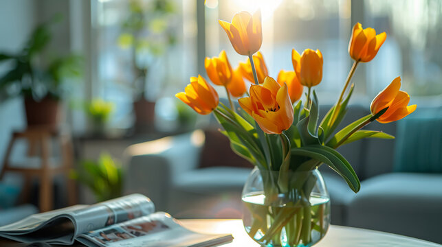 Yellow tulips in a vase on a table, with a grey sofa and magazines nearby. This stock photo winner captures a modern living room setting