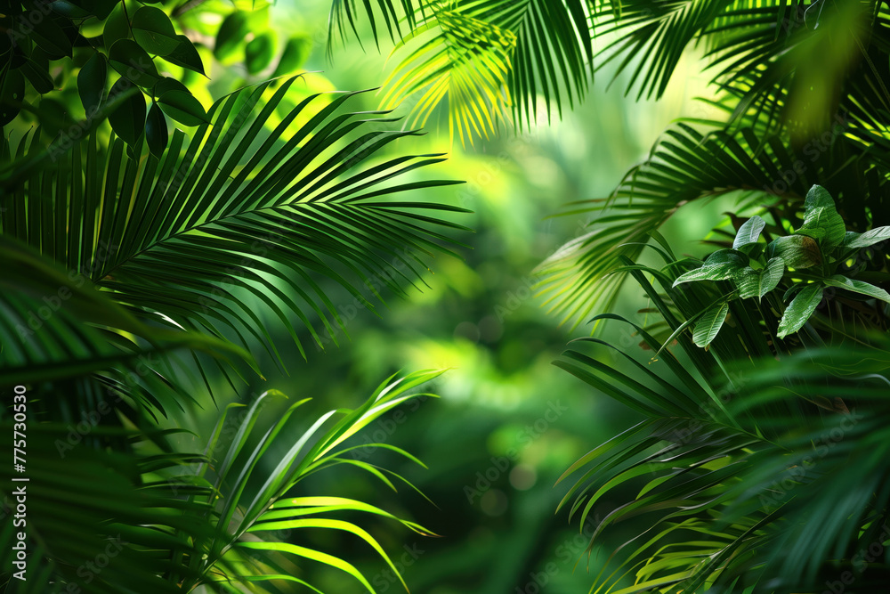 Poster palm tree leaves framing a tropical scenery. slide background image. created with generative ai tech