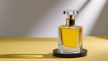 a glass perfume bottle on a light yellow background on a product presentation platform. mockup