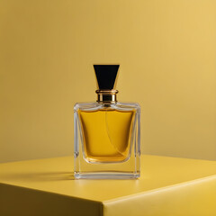 a glass perfume bottle on a light yellow background on a product presentation platform. mockup
