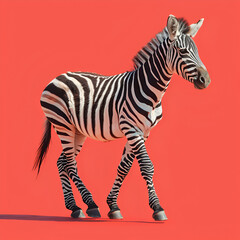 A zebra stands against a vibrant red background, showcasing its striking black and white stripes.