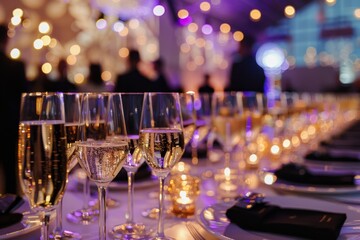 Close-up of sparkling champagne glasses on a table set for a sophisticated gala dinner with blurred background lights.