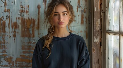 Fototapeta premium a beautiful Latina woman, her caramel complexion glowing as she gazes straight ahead while wearing a mockup of the back of a black sweatshirt.