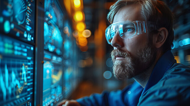 an engineer is looking at the graphs of power curve on the screen in BESS plant.generative ai