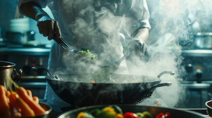 Chef Cooking with Steam Rising in Moody Kitchen. - obrazy, fototapety, plakaty
