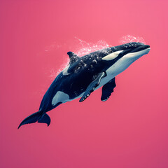 Fototapeta premium A digital art of an orca whale with water splashes against a pink background.