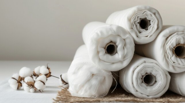 Stacked cotton fabric rolls with white textile material on burlap crafts surface