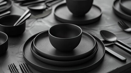 Obraz na płótnie Canvas a set of ceramic chagka dishes, vases, glasses, cups, mugs, and cutlery with a matte, dark, Swiss-style color palette, ensuring a sophisticated presentation for your dining essentials.